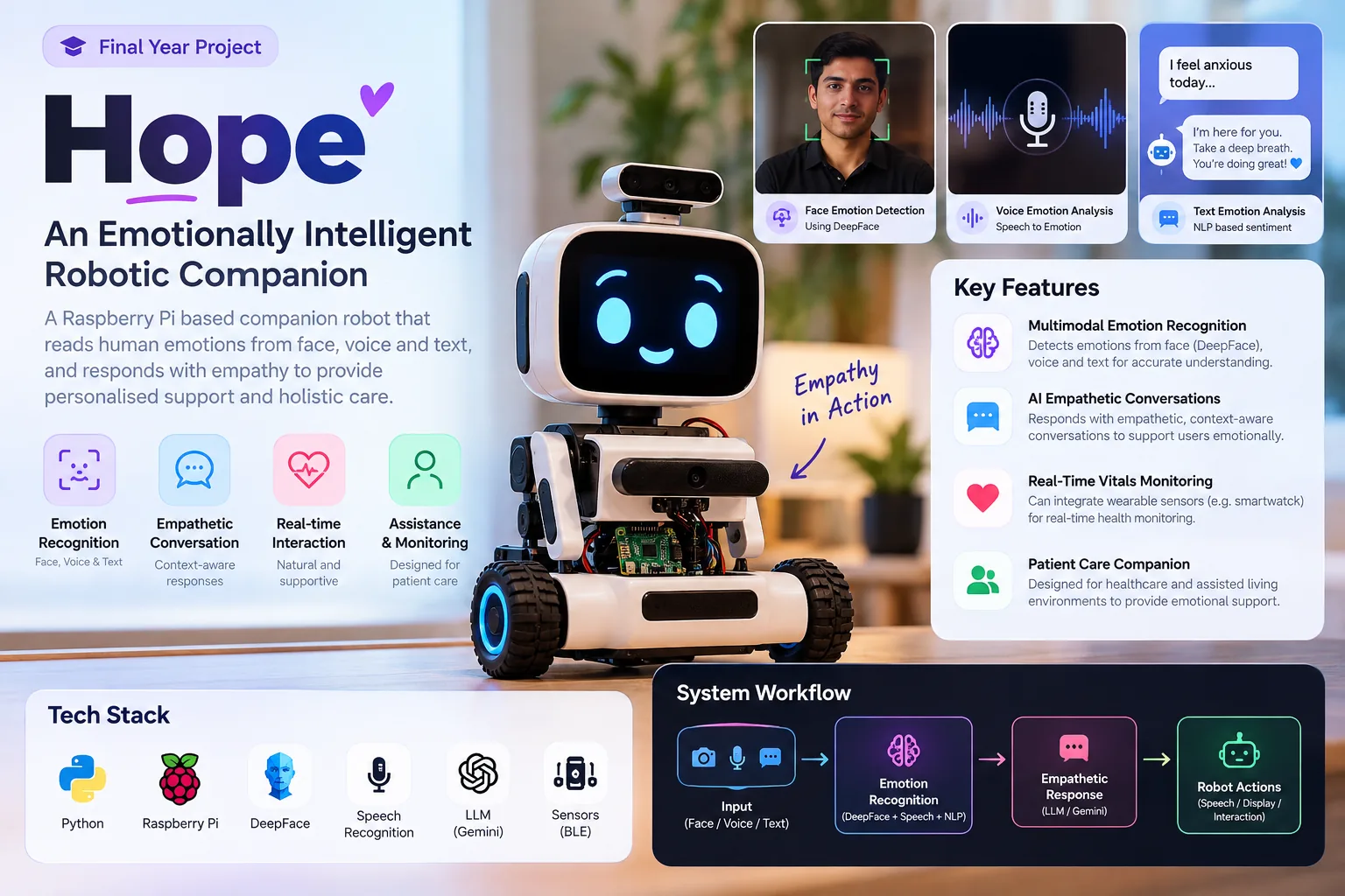 Project poster for Hope, a Raspberry Pi companion robot: a small wheeled robot with a smiling screen face, panels for face, voice and text emotion detection, key features, tech stack and system workflow.